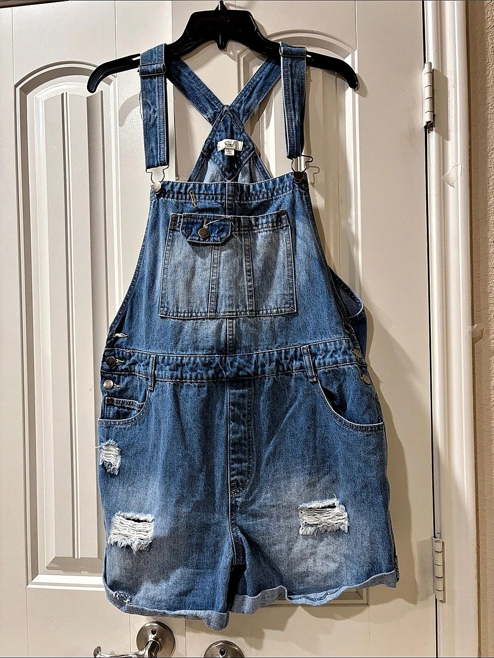Easel Distressed Denim Short Overalls Size Medium